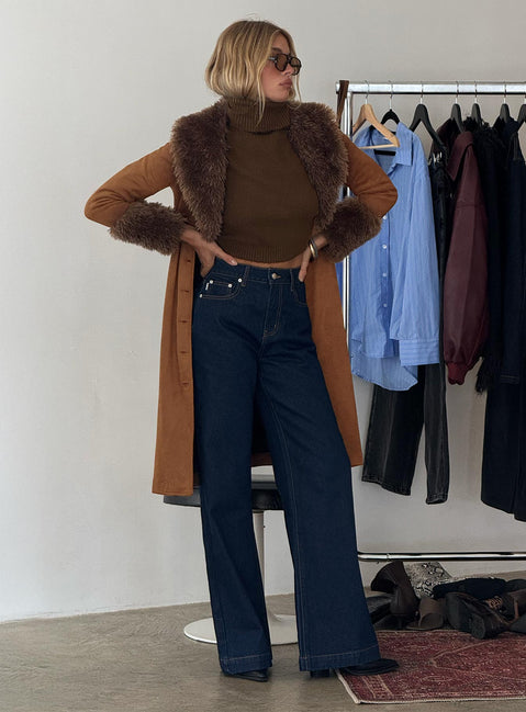 front view of model wearing Princess Polly Goldie High Rise Wide Leg Jeans Indigo High Rise Jeans 