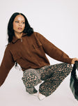 front view of model wearing Princess Polly Top Model Jeans Leopard High Waisted 