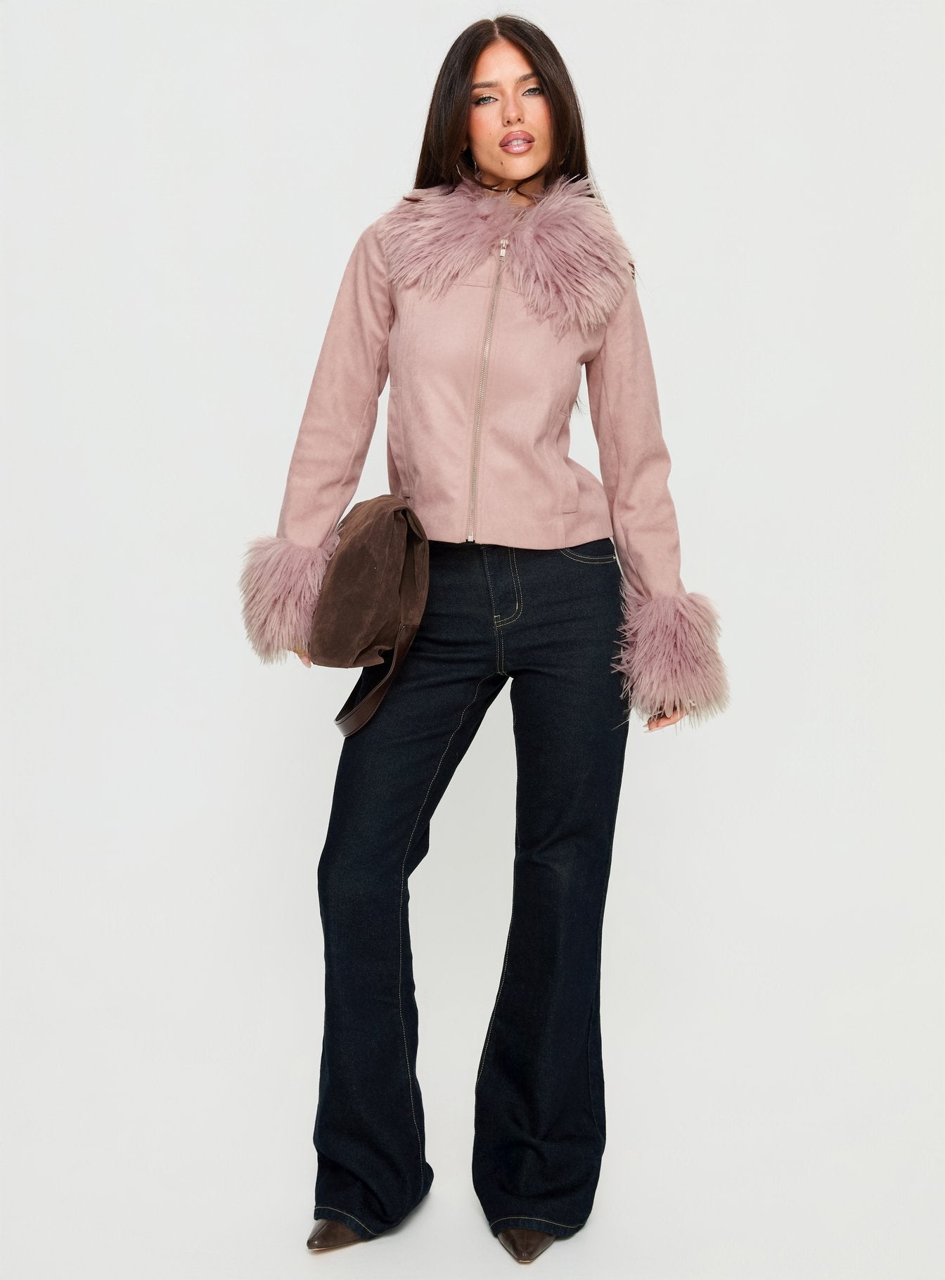 Jeanna Suede Faux Fur Detail Jacket Pink