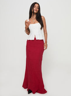  side view of model wearing Princess Polly Raven Mid Rise Maxi Skirt Red Maxi 