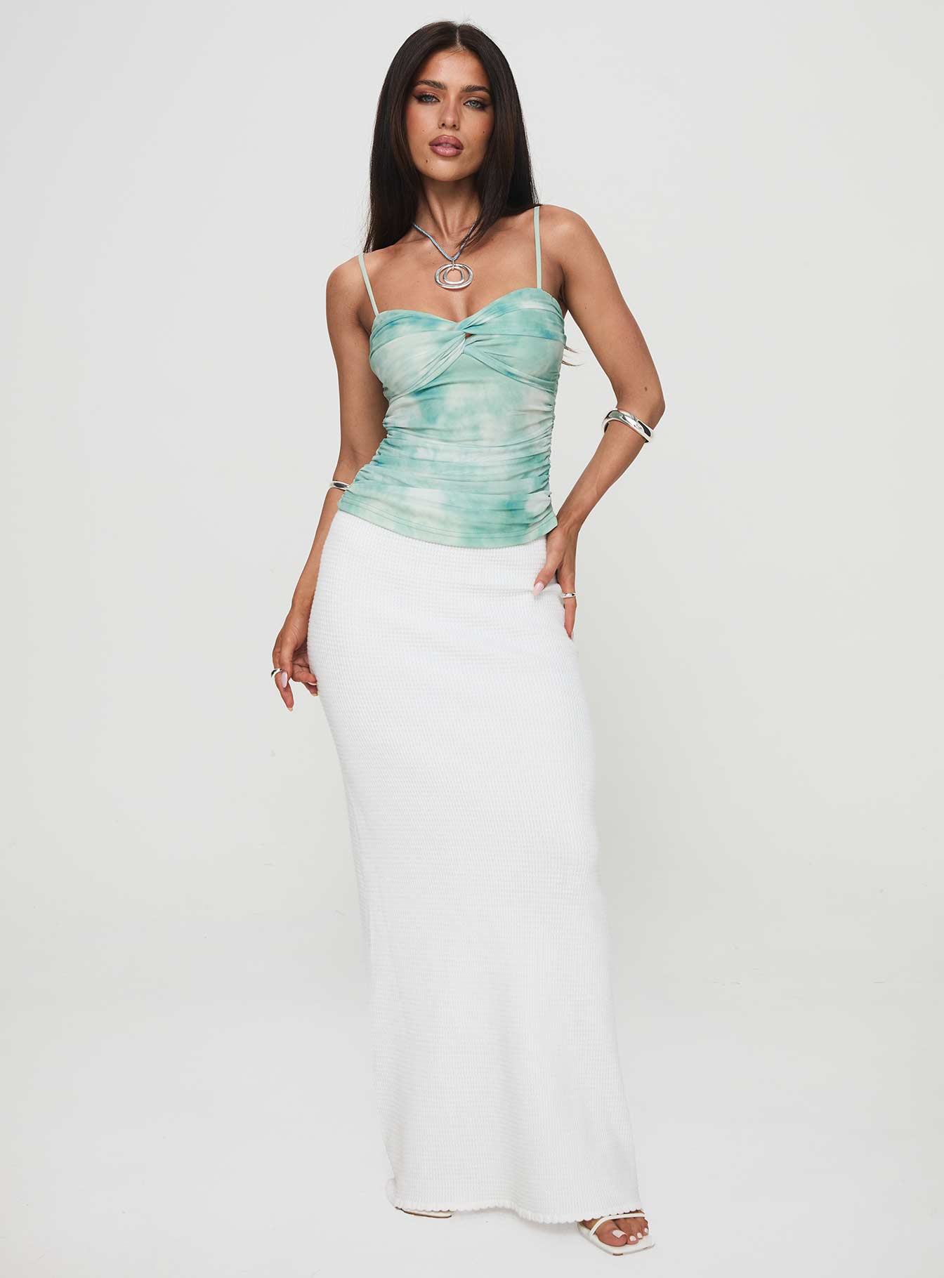 front view of model wearing Princess Polly Renyrad Top Green Sleeveless Sweetheart 