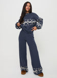 front view of model wearing Princess Polly Alpine Knit Pants Navy / Cream High Waisted Pants 