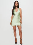 front view of model wearing Princess Polly Mysteria Halter Mini Dress Green Plunger 