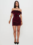 front view of model wearing Princess Polly Regency Strapless Velvet Mini Dress Burgundy Straight Neck 