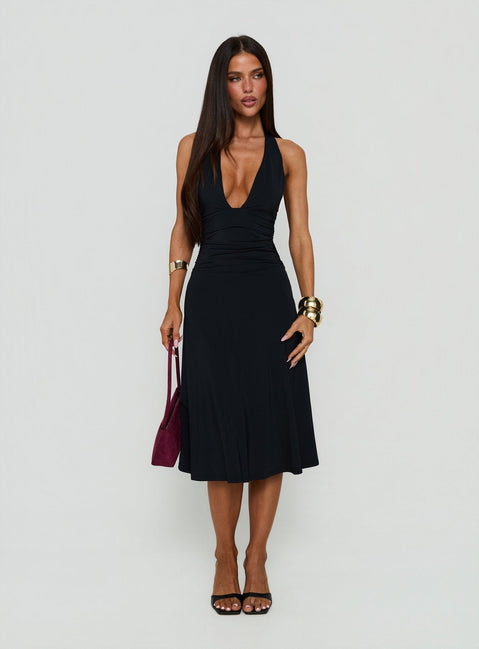 Zevani Plunge Halter Midi Dress Black