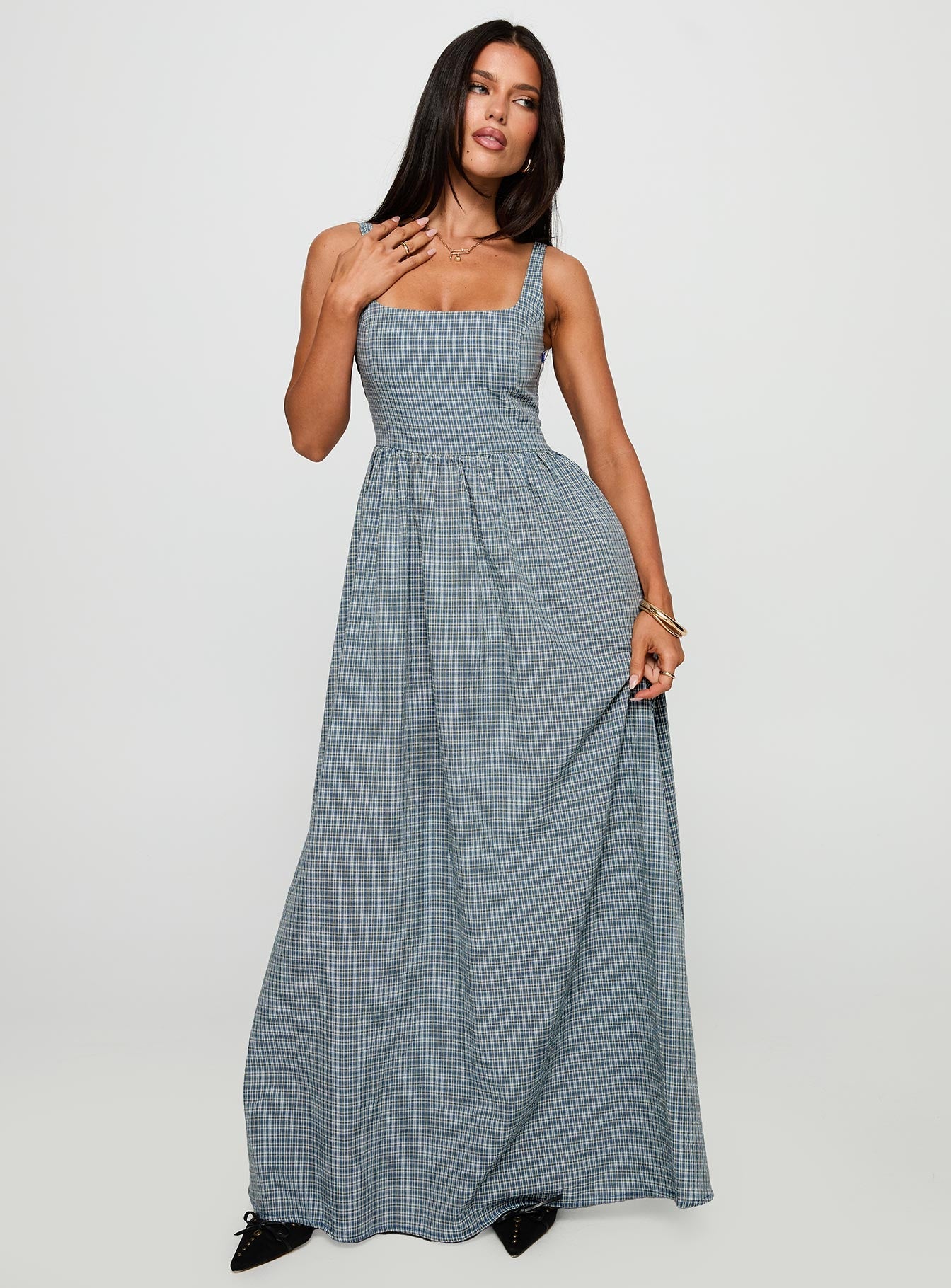 Cartmel Check Maxi Dress Navy | Princess Polly