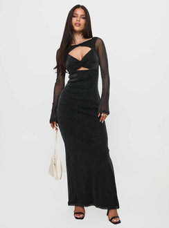 front view of model wearing Princess Polly Allegoria Long Sleeve Maxi Dress Black Glitter Scoop Neck 