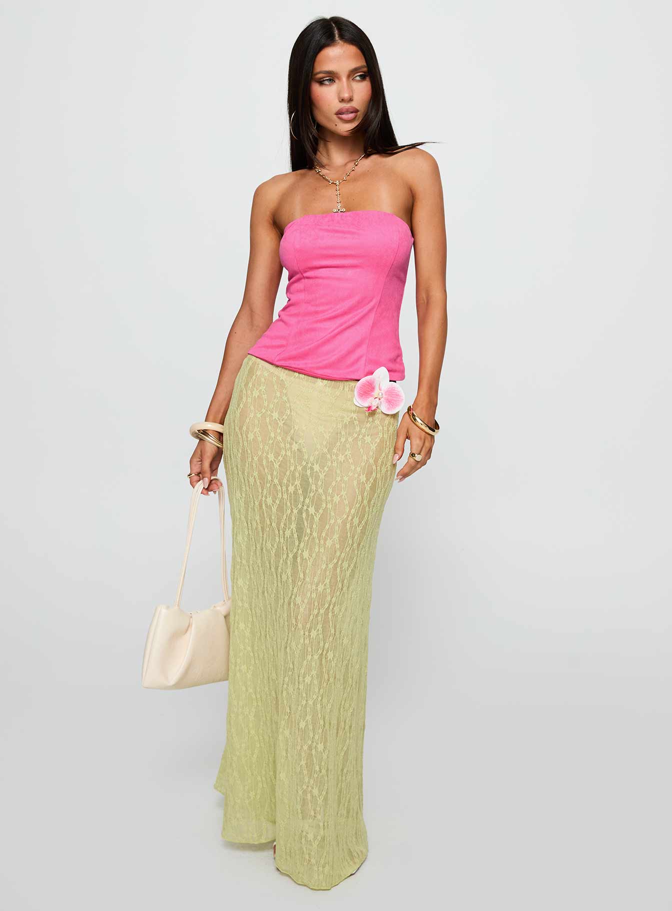 back view of model wearing Princess Polly Plotline Strapless Top Pink Sleeveless straight 