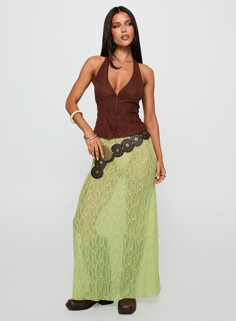   side view of model wearing Princess Polly Pura Vida Lace Maxi Skirt Sage Maxi 