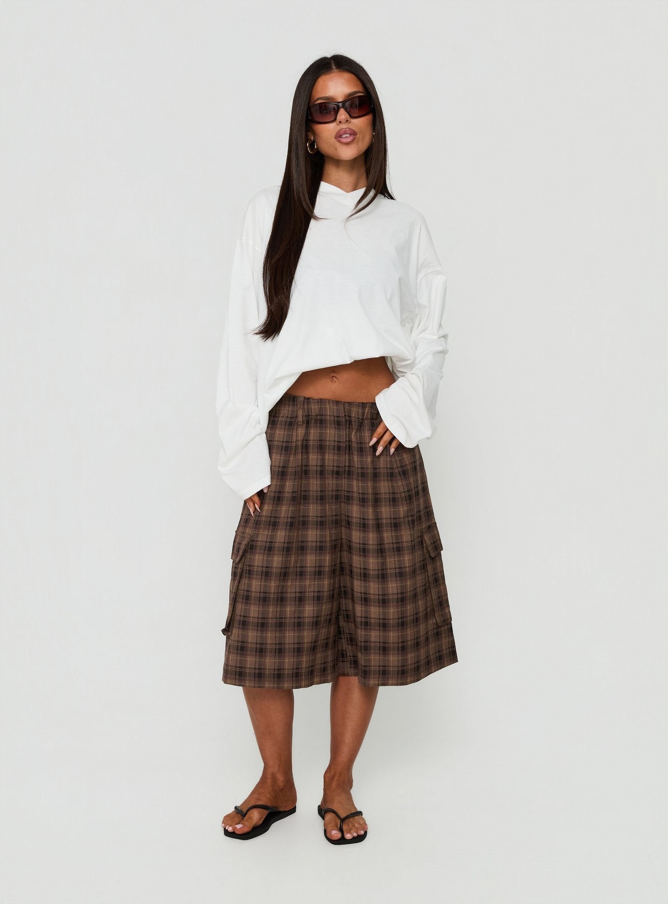 Brenn Baggy Longline Shorts Braunes Karo