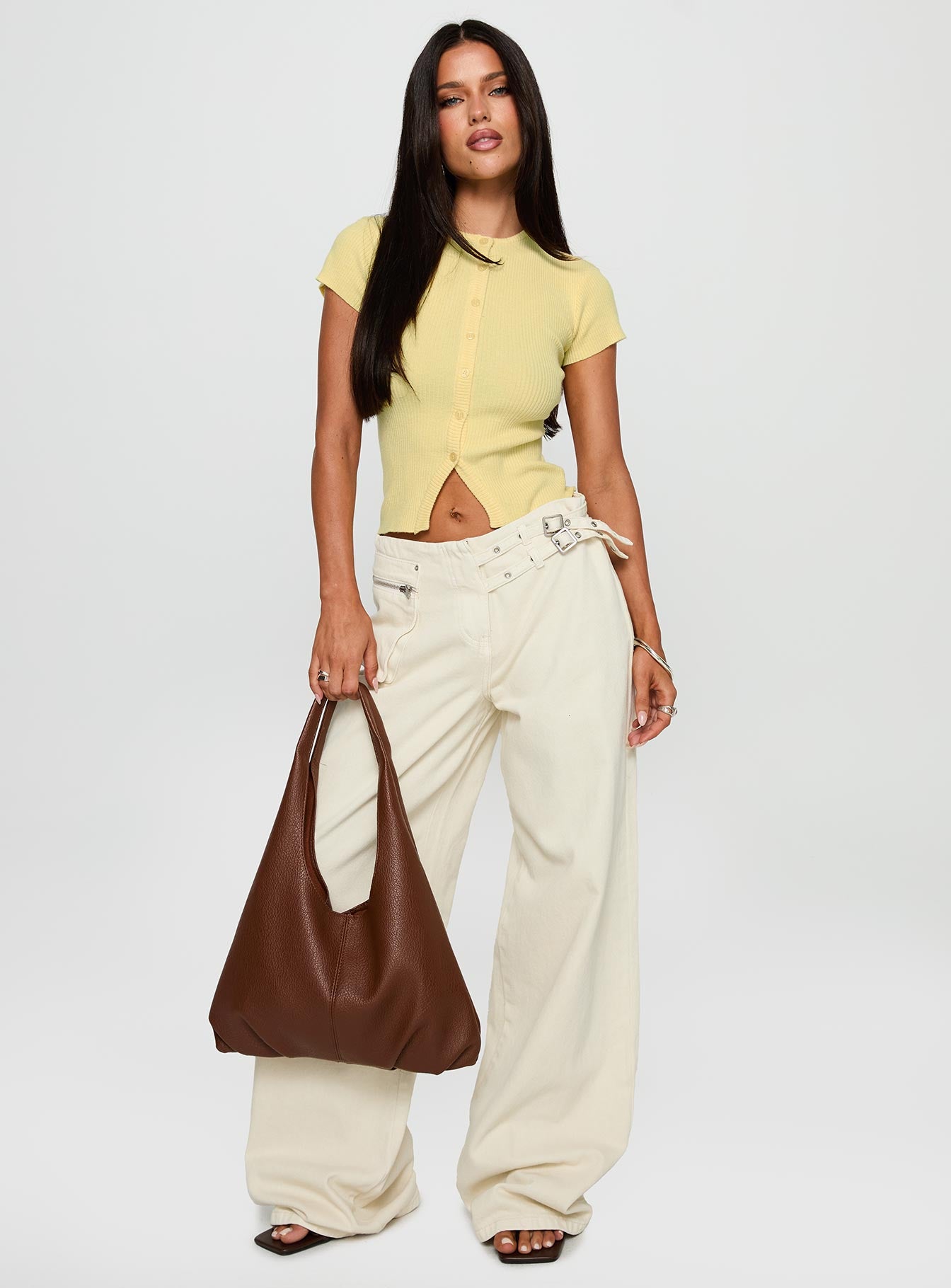 front view of model wearing Princess Polly Suzu Knit Top Lemon Short Sleeves Crew Neck 