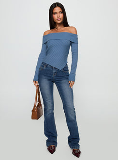 front view of model wearing Princess Polly Brisa Long Sleeve Top Blue Full Sleeves straight 