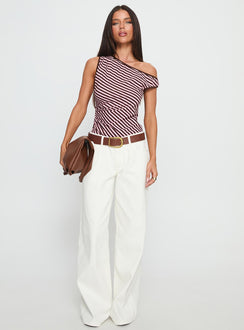 front view of model wearing Princess Polly Ayviana One Shoulder Bodysuit Pink / Brown Stripe Sleeveless 