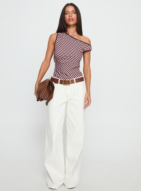 front view of model wearing Princess Polly Ayviana One Shoulder Bodysuit Pink / Brown Stripe Sleeveless 