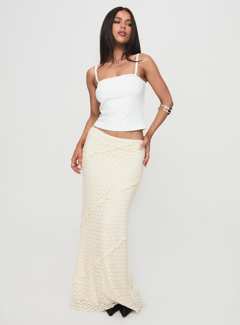   front view of model wearing Princess Polly Incandescent Maxi Skirt Cream Maxi 