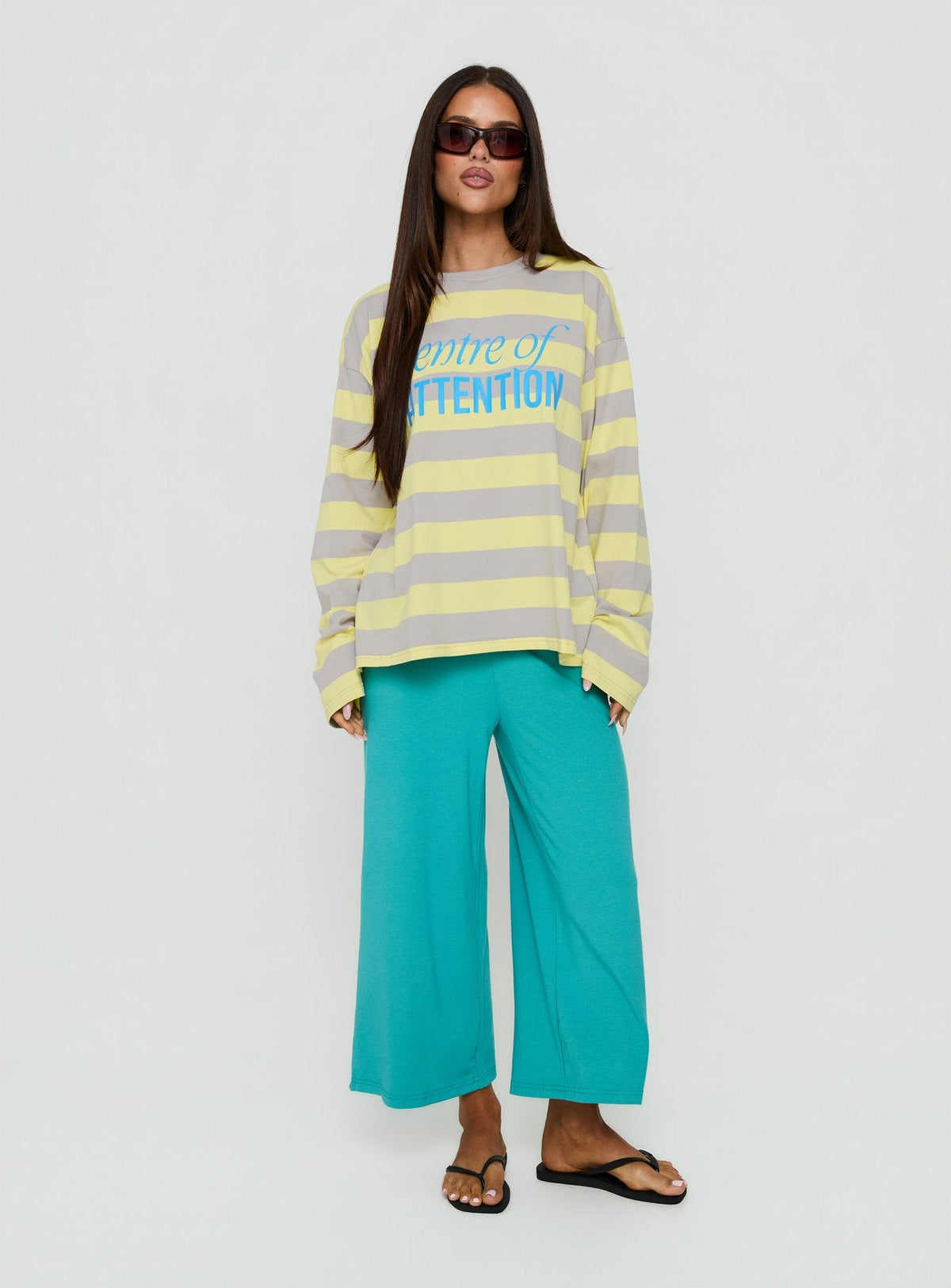 Centre Of Attention Oversized Graphic Long Sleeve Top Yellow / Grey Stripe