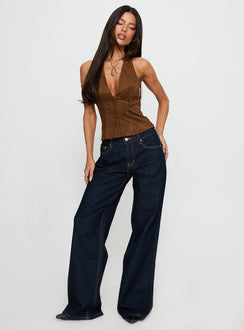 front view of model wearing Princess Polly Favourite Reference Mid Rise Straight Leg Jeans Dark Indigo Mid Rise Jeans 