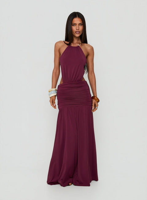 Tykaia Low Back Halter Maxi Dress Berry