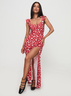 back view of model wearing Princess Polly Barnadete Maxi Dress Red Sweetheart Neckline 