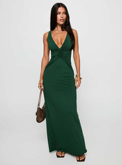 side view of model wearing Princess Polly Frederica Plunge Maxi Dress Forest Green Plunger 