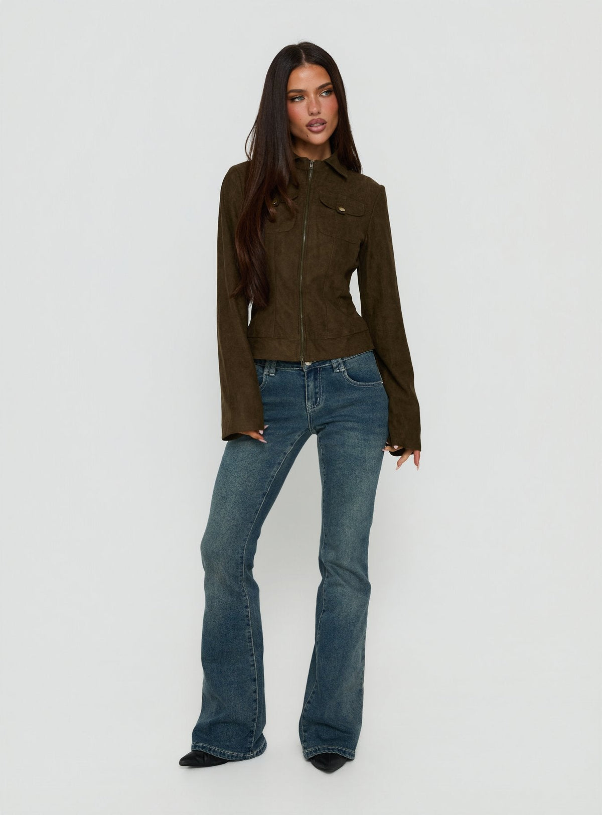 Kelehan Long Sleeve Faux Suede Zip Front Jacket Khaki