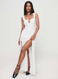 side view of model wearing Princess Polly Good Game Maxi Dress White Sweetheart Neckline 