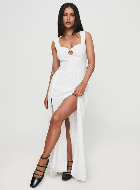 side view of model wearing Princess Polly Good Game Maxi Dress White Sweetheart Neckline 