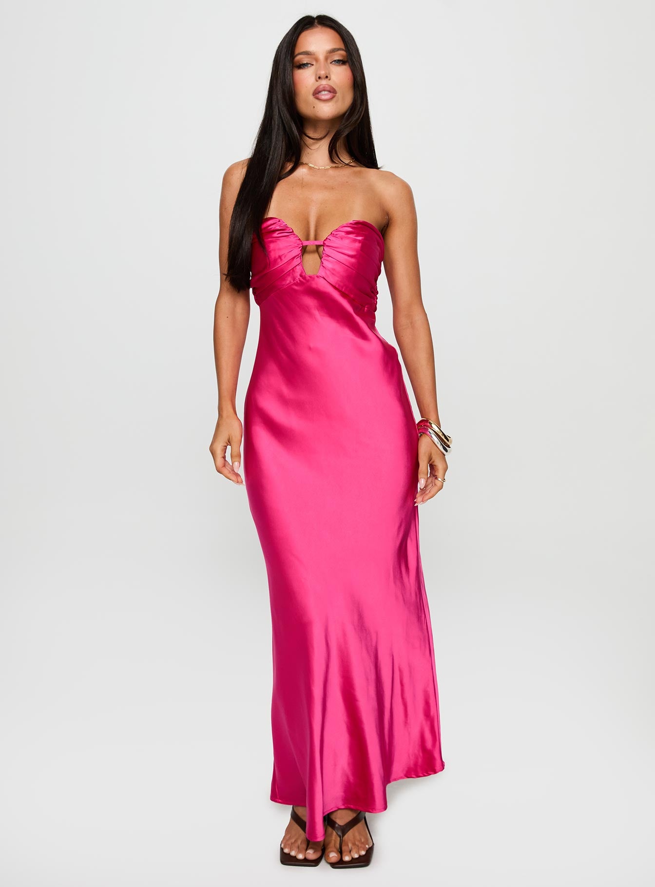 front view of model wearing Princess Polly Cyprian Strapless Maxi Dress Hot Pink Sweetheart Neckline 