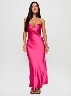 front view of model wearing Princess Polly Cyprian Strapless Maxi Dress Hot Pink Sweetheart Neckline 