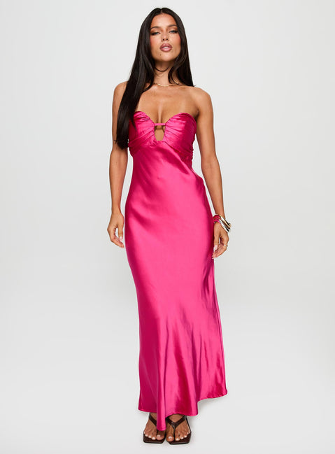 front view of model wearing Princess Polly Cyprian Strapless Maxi Dress Hot Pink Sweetheart Neckline 