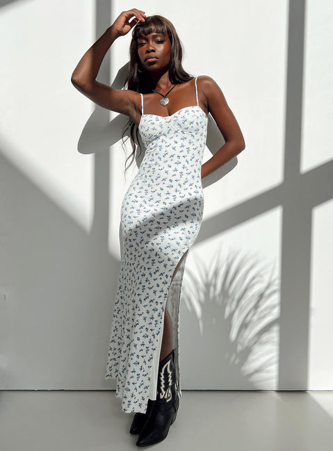 Front view of model wearing  front Princess Polly High Neck  Belladonna Maxi Dress Blue Floral