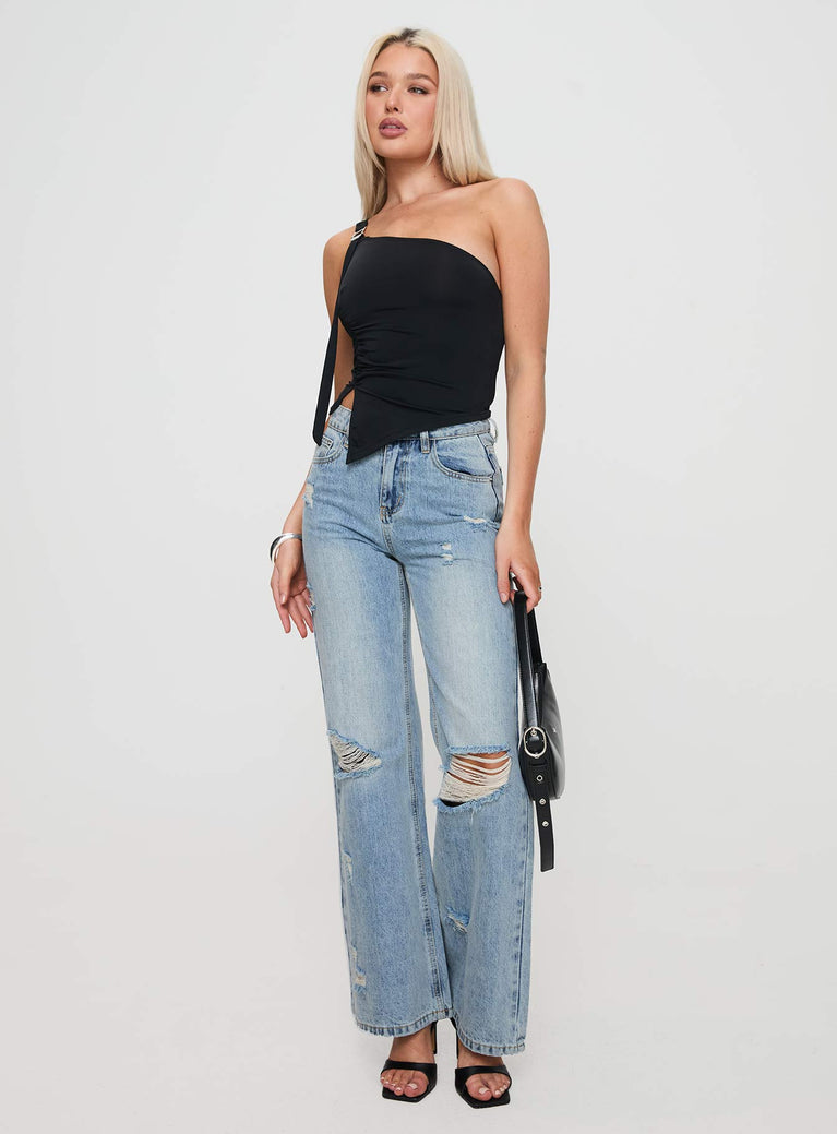 front view of model wearing Princess Polly Girard Wide Leg Denim Jeans Light Blue Wash High Waisted 