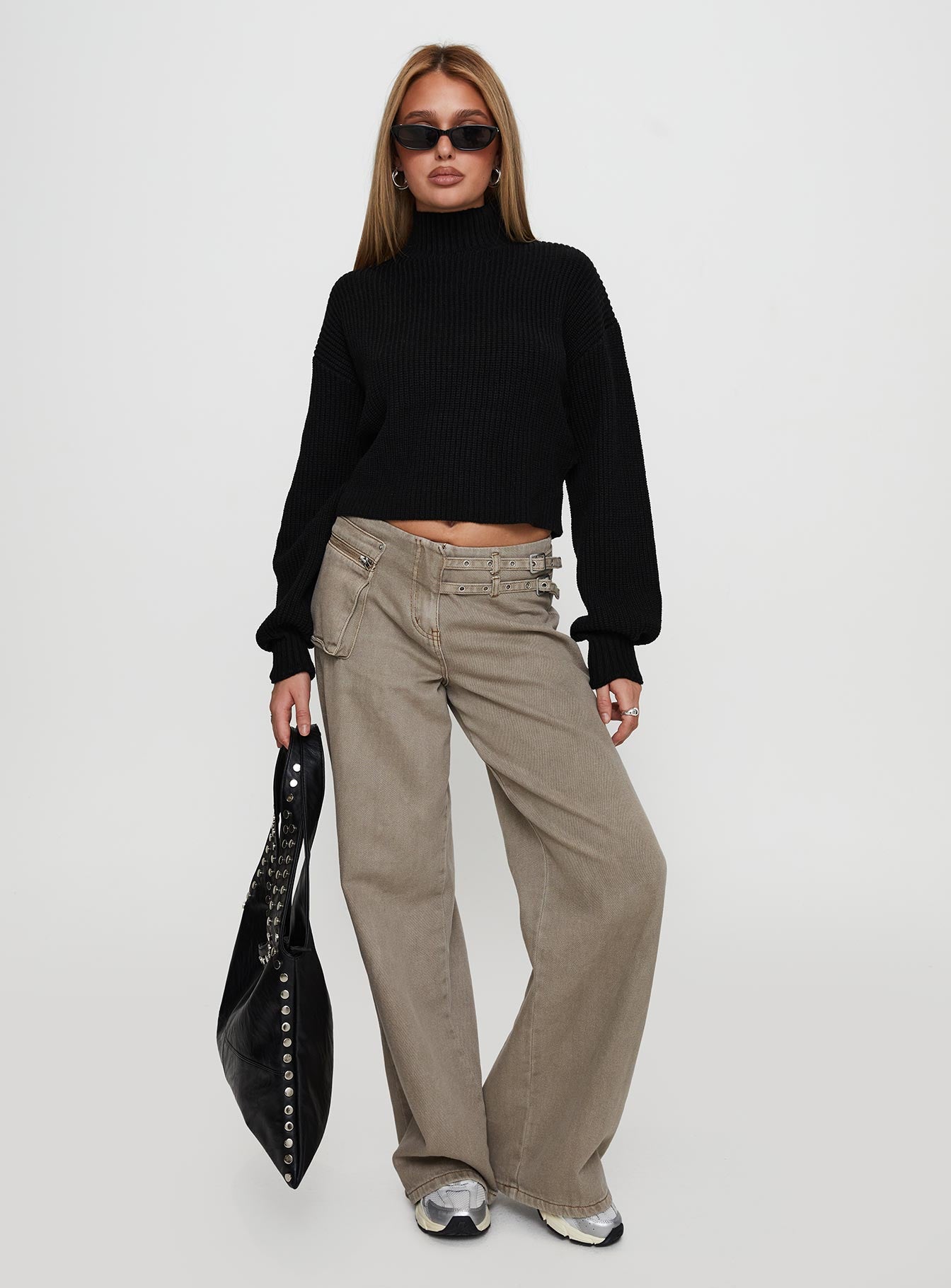 front view of model wearing Princess Polly Sayge Mock Neck Knit Sweater Black cropped 