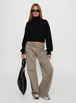 front view of model wearing Princess Polly Sayge Mock Neck Knit Sweater Black cropped 