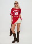 front view of model wearing Princess Polly Michail Jersey Mini Dress Red V-Neck 