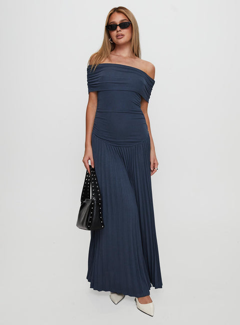 front view of model wearing Princess Polly Field Of Dreams Maxi Dress Navy Straight Neck 