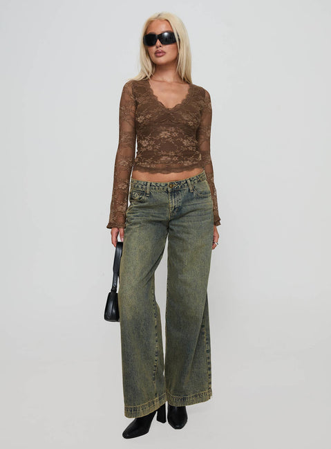 back view of model wearing Princess Polly Pitter Long Sleeve Top Brown Full Sleeves V-Neck 