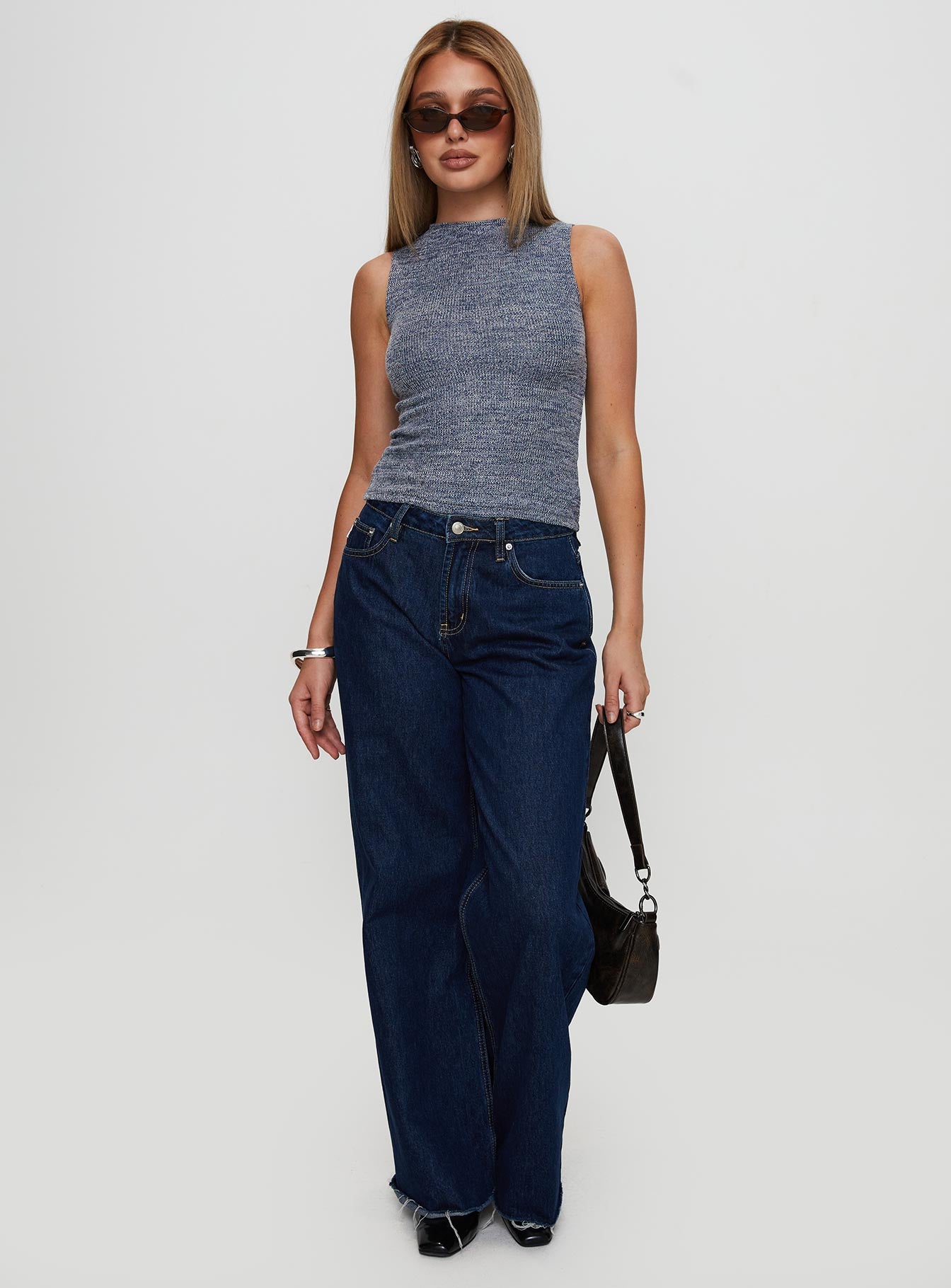 back view of model wearing Princess Polly Get It Together High Neck Top Blue Marle Sleeveless High Neck 