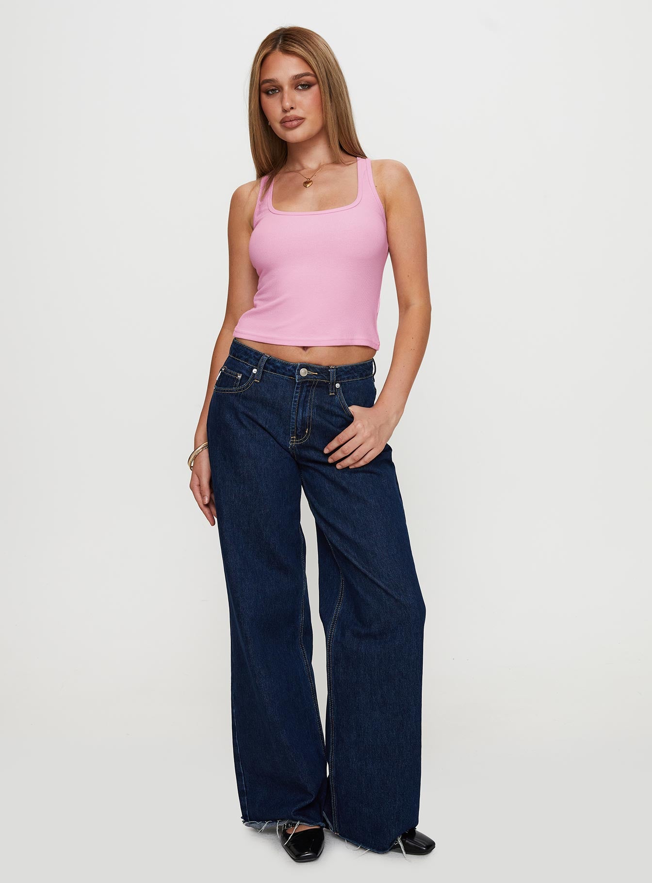 front view of model wearing Princess Polly Baseline Square Neck Rib Tank Top Pale Pink Sleeveless Scoop Neck 