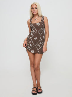 side view of model wearing Princess Polly Niseko Mini Dress Brown Scoop Neck 