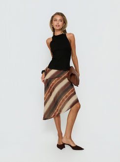   side view of model wearing Princess Polly Esmira Asymmetrical Midi Skirt Brown Stripe Midi Skirts 