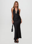 back view of model wearing Princess Polly Vasilisa Halter Neck Maxi Dress Black Plunger 