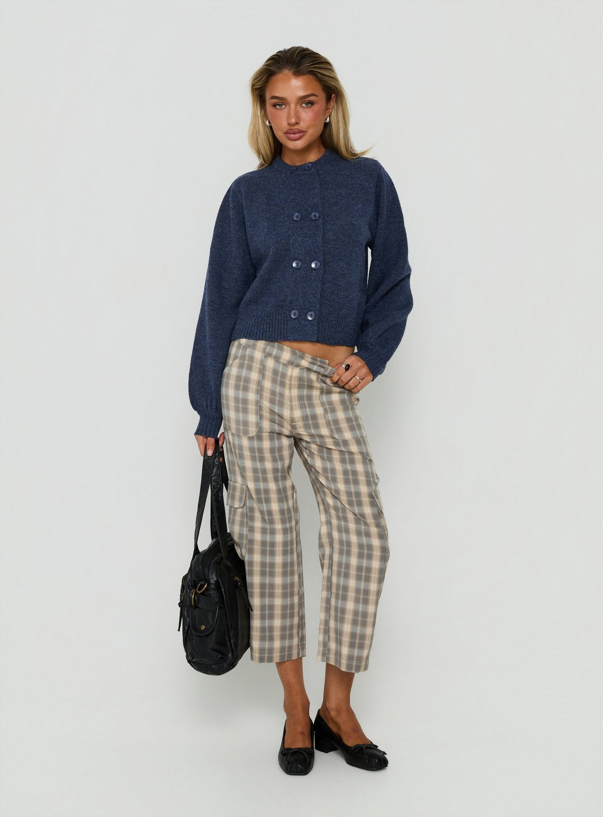 Discover the Kammi Button Up Cardigan Navy in womens-jumpers with short length front view of model wearing