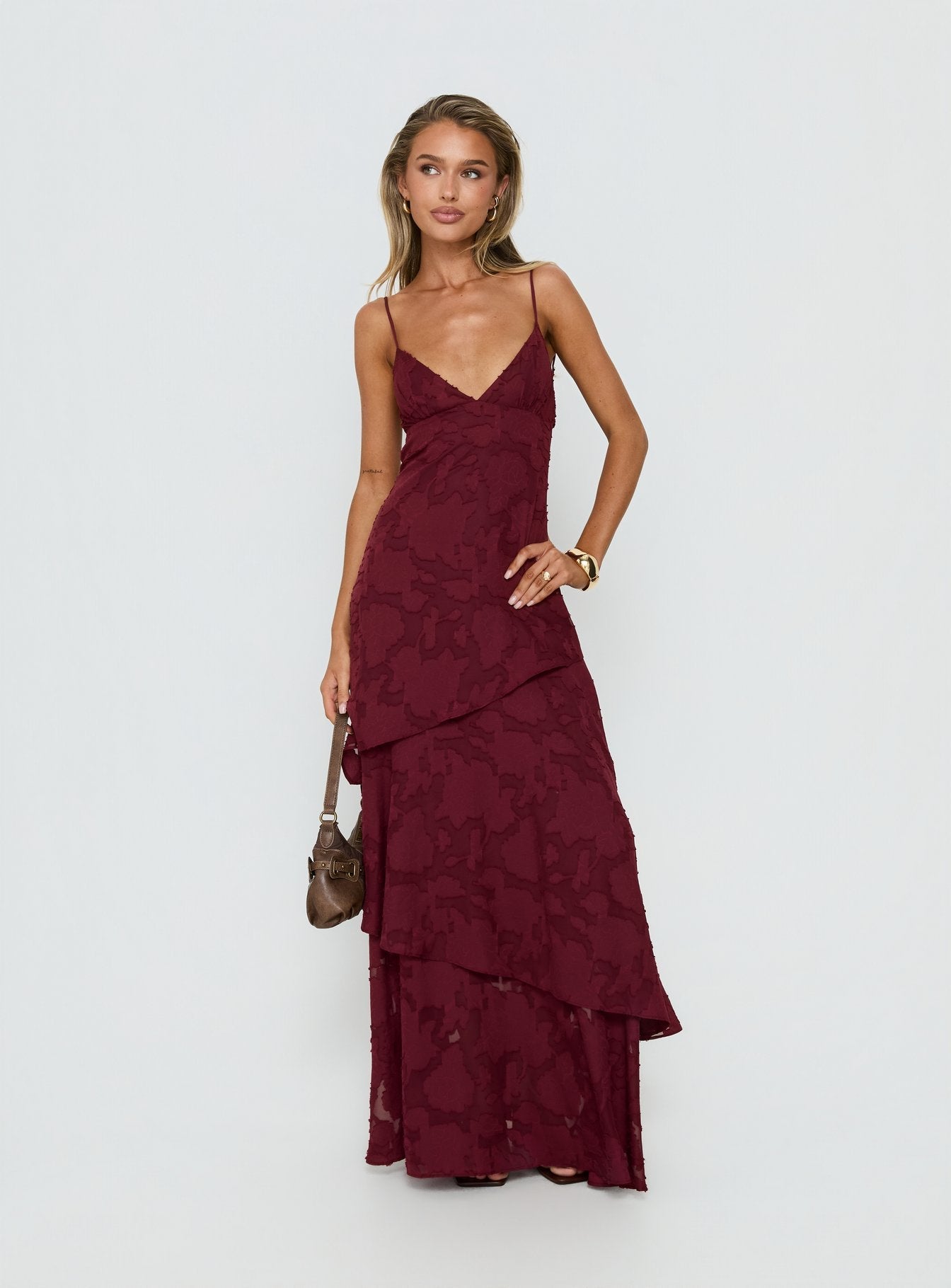 Lyricah Tiered Tie Back Maxi Dress Burgundy