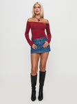 front view of model wearing Princess Polly Where You At Off Shoulder Long Sleeve Top Red Full Sleeves straight 