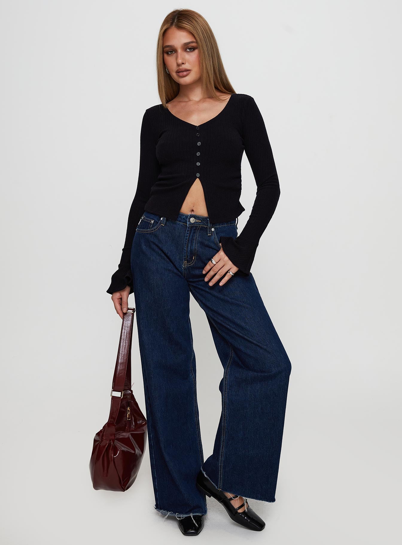 front view of model wearing Princess Polly Take My Time Long Sleeve Top Black Full Sleeves V-Neck 