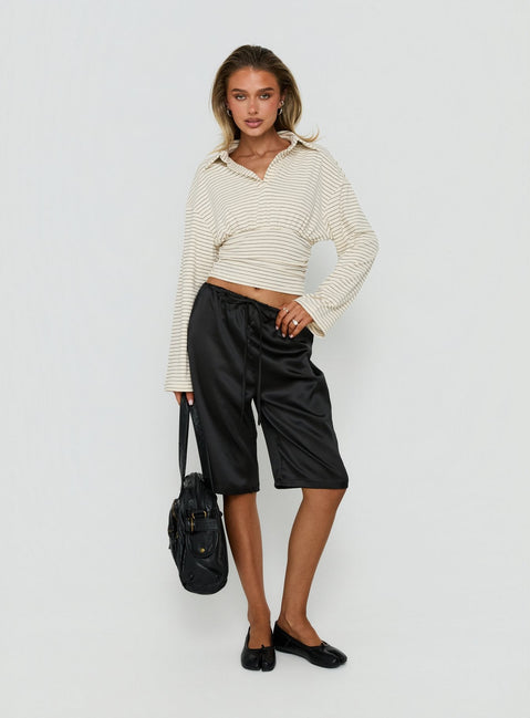 Raezer Cinched Polo Langarm-Top Creme gestreift
