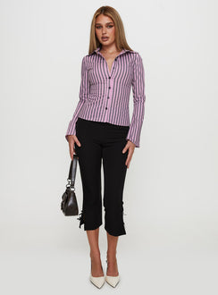 front view of model wearing Princess Polly You Hear Me Long Sleeve Top Pink Stripe Full Sleeves V-Neck 