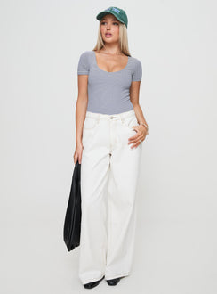 front view of model wearing Princess Polly Brynne Bodysuit White / Navy Stripe Short Sleeves 