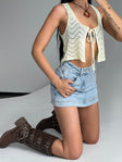 back view of model wearing Princess Polly Heuston Skort Denim Lower Impact High Waisted Shorts 